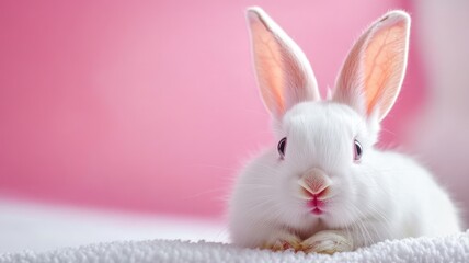 Fototapeta premium White bunny with pink ears resting on soft surface
