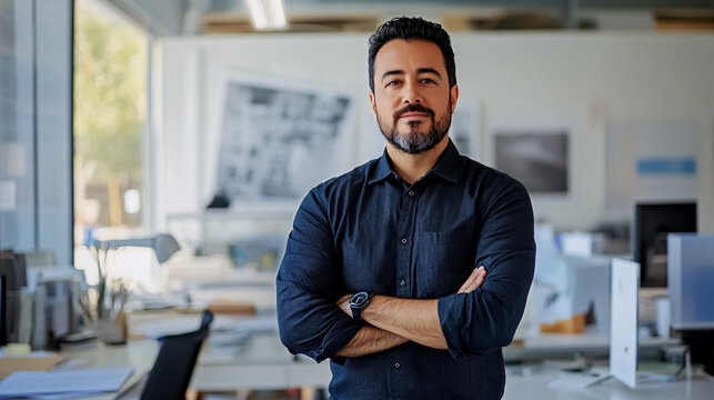 A portrait of an architect looking directly at the camera in their office.