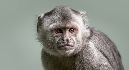Fototapeta premium Pensive portrait of a gray-capped monkey on neutral background for wildlife studies