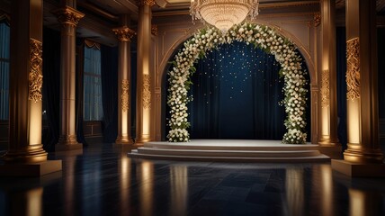 Elegant wedding ceremony setup with floral arch in grand ballroom.