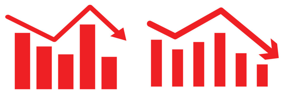 Up and down graph chart vector icon set. growth increase and decrease sign. economy rise and decline symbol. upward or downward trend bar chart icon. profit and loss statistics. 