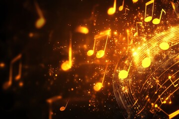Obraz premium Bright musical notes illuminate the space with vibrant sparkles on a dark background, creating a captivating 3D abstract design. Generative AI