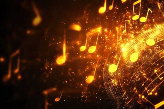 Bright musical notes illuminate the space with vibrant sparkles on a dark background, creating a captivating 3D abstract design. Generative AI