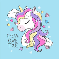 Animal print for clothes and fabric. Fashionable cute unicorn. Cartoon character. blue