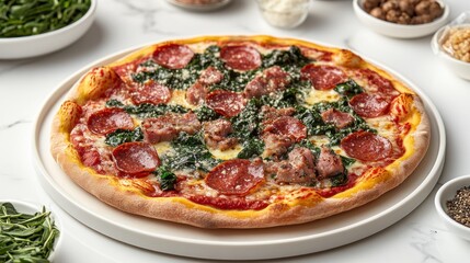 Delicious pepperoni and spinach pizza on a white plate.