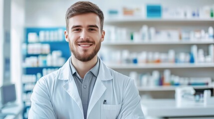 Confident Pharmacist in Modern Pharmacy Setting with Shelves of Medicines