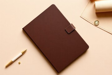 brown notebook with pen and note pad