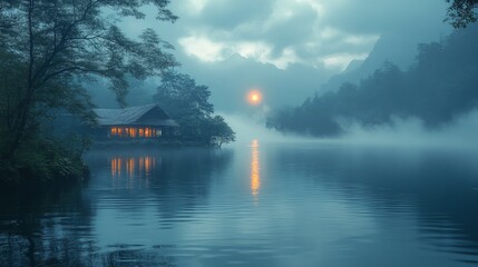 Obraz premium Serene Lakeside Cabin at Dusk: A Misty Mountain Retreat