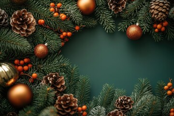 festive scene of christmas branches and decorations on a rich green background, featuring ample copy space for personalization, celebrating the holiday spirit