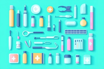 Obraz premium Flat lay of assorted healthcare items on blue.