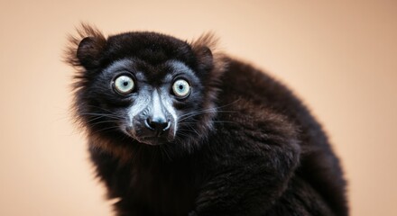 Fototapeta premium Close-up of a black lemur with vibrant eyes against neutral background