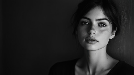 Obraz premium A young woman poses thoughtfully against a textured wall in soft black and white, radiating calm confidence in a quiet moment
