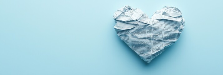A heart shaped decoration made from folded newspaper pieces on a pastel blue background