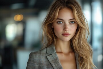 Obraz premium full-body portrait of a confident businesswoman in a stylish suit, exuding professionalism and determination, standing tall and looking ahead in a modern office setting