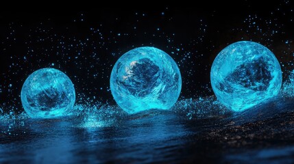 Three luminous orbs of vibrant blue glow, resting on a dark, reflective surface.  Tiny particles of light dance around them, creating a mystical atmosphere.