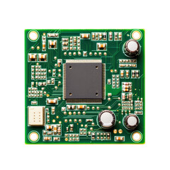 Close up view of green printed circuit board with electronic components, including microchip, capacitors, and connectors, showcasing intricate circuitry. isolated on transparent background