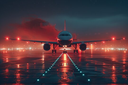 Airplane on runway at night with red lights and wet pavement
