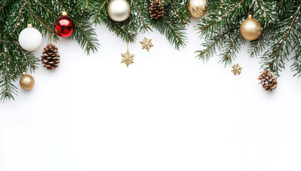 Elegant Christmas flat lay with wrapped gifts adorned with red and green velvet bows, surrounded by various ornaments, greenery, and berries on a white background