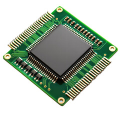 Microchip with green circuit board and gold pins, showcasing technology. isolated on transparent background
