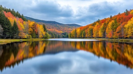 Naklejka premium A serene lake reflects vibrant autumn foliage under a cloudy sky, surrounded by colorful trees, AI