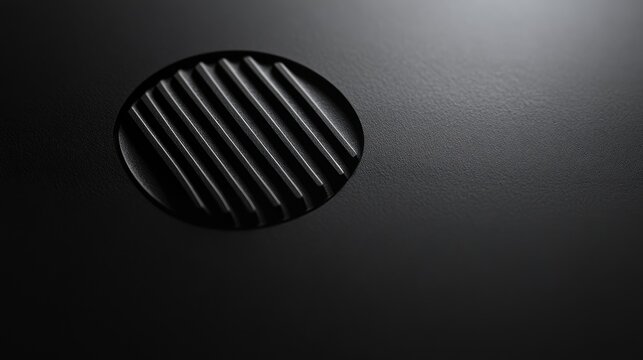 Close-up of a circular vent with parallel grooves, set against a dark, textured surface. The image evokes a sense of industrial design and sleek minimalism.
