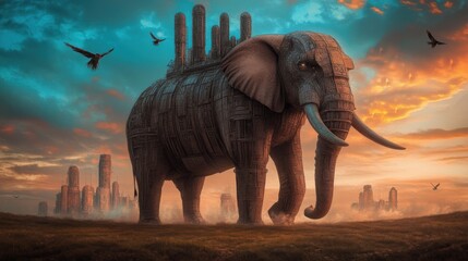 Fototapeta premium Majestic Robotic Elephant in Futuristic Cityscape Under Vibrant Sunset Sky
