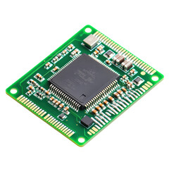 Microcontroller circuit board with integrated components and connections isolated on transparent background