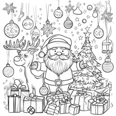 Fototapeta premium Christmas Coloring Page Featuring Santa Claus, Christmas Tree, and Reindeer – Festive Holiday Design- Line Art - Printable pages 