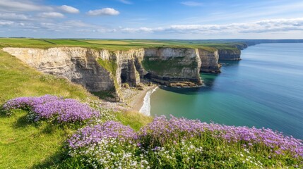 Majestic coastal cliffs with vibrant purple wildflowers overlooking a calm blue ocean under a sunny sky, AI - Powered by Adobe