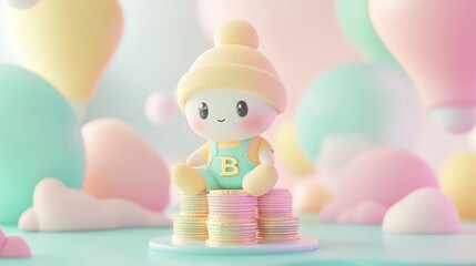 Obraz premium 3D cute BTC character on pastel bitcoin coins with clouds