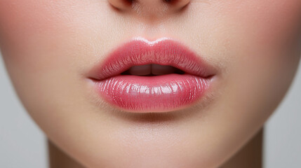 Fototapeta premium A cute woman's lips are painted with a bright pink lipstick