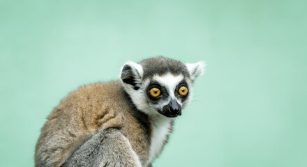 Obraz premium Curious lemur with striking eyes against soft green background