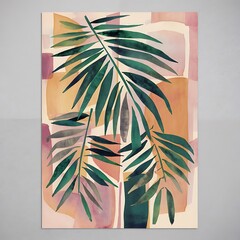 Abstract geometric watercolor palm leaf poster. Modern minimal illustration with palm leaf and hand drawn texture for minimalist print, cover, boho wall decor, mid century design, trendy art