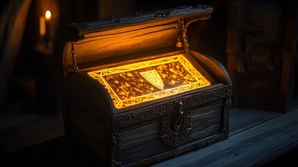A glowing, ornate wooden chest sits open, revealing an illuminated, intricately designed inner surface.  The warm light casts a magical ambiance.