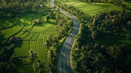 Fototapeta premium The asphalt road winds through beautiful Indonesian countryside, with rows of tall palm trees lining both sides, background wallpaper AI generated image