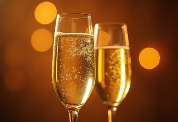 Two glasses with champagne next to each other, golden background, business banner
