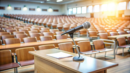 Obraz premium Empty college lecture hall with a microphone ready for a presentation at sunrise