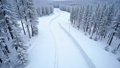 Obraz premium Aerial view of a bobsled track winding through a snowy forest landscape