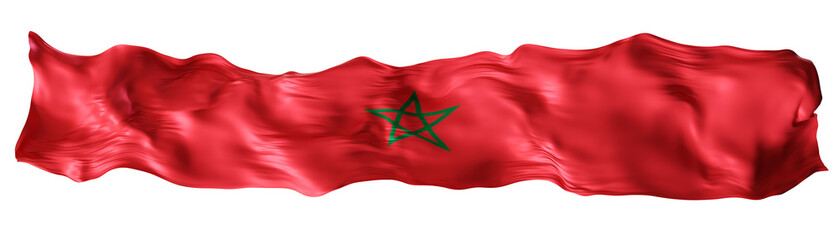 Stylized flag of Morocco waving in the wind on transparent background. Footer, header or divider. Cut out wide, panoramic element. Banner for patriotic themes or national event promotions. 3D.