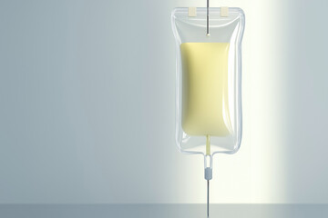 A clear intravenous bag containing a yellow liquid, suspended against a softly illuminated background, commonly used in medical settings.