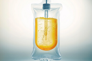 A clear infusion bag containing yellow liquid, possibly representing IV therapy or hydration treatment, set against a neutral background.