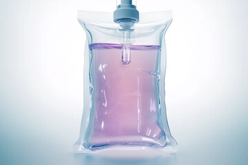A transparent pouch containing purple liquid, featuring a nozzle for dispensing, set against a light background.
