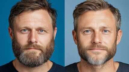 Facial Transformation Before and After Clean Shave: Rugged Full Beard on Left, Smooth, Polished Look on Right