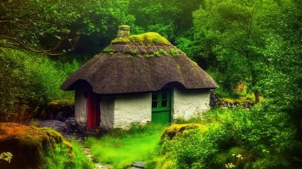 Fototapeta premium A charming thatched-roof cottage nestled in a lush green landscape.