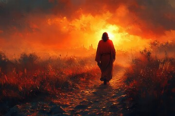Obraz premium illustration capturing the figure of jesus walking along a dusty path towards jerusalem, radiating serenity and purpose against a warm, sunlit backdrop that evokes a sense of hope