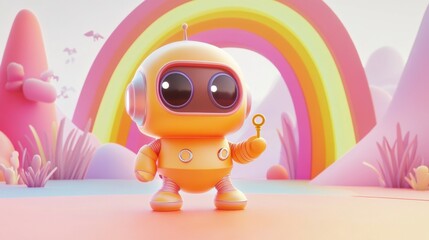 Animated Bitcoin character in pastel colors with key and landscape