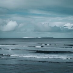 Naklejka premium Cloudy blue minimalist seascape. Deserted space. Horizon line. Background.