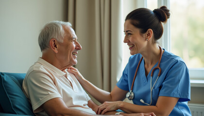 Obraz premium Nurse and Elderly Patient Sharing a Moment of Joyful Connection