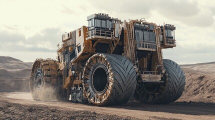 Obraz premium A large, heavy-lift, reinforced vehicle designed to carry oversized cargo across rugged terrain, background wallpaper AI generated image