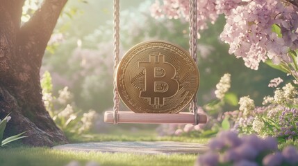 Bitcoin coin with friendly face on swing in garden